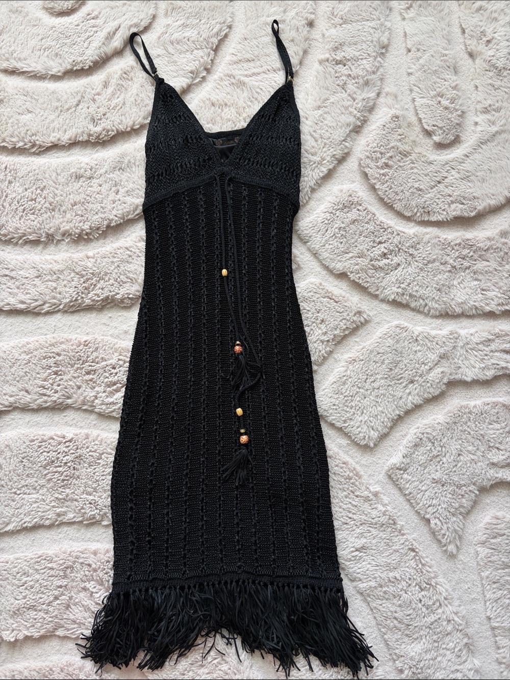 Guess Black Crochet Fringe Mini Dress with Tassel Bead Detail
